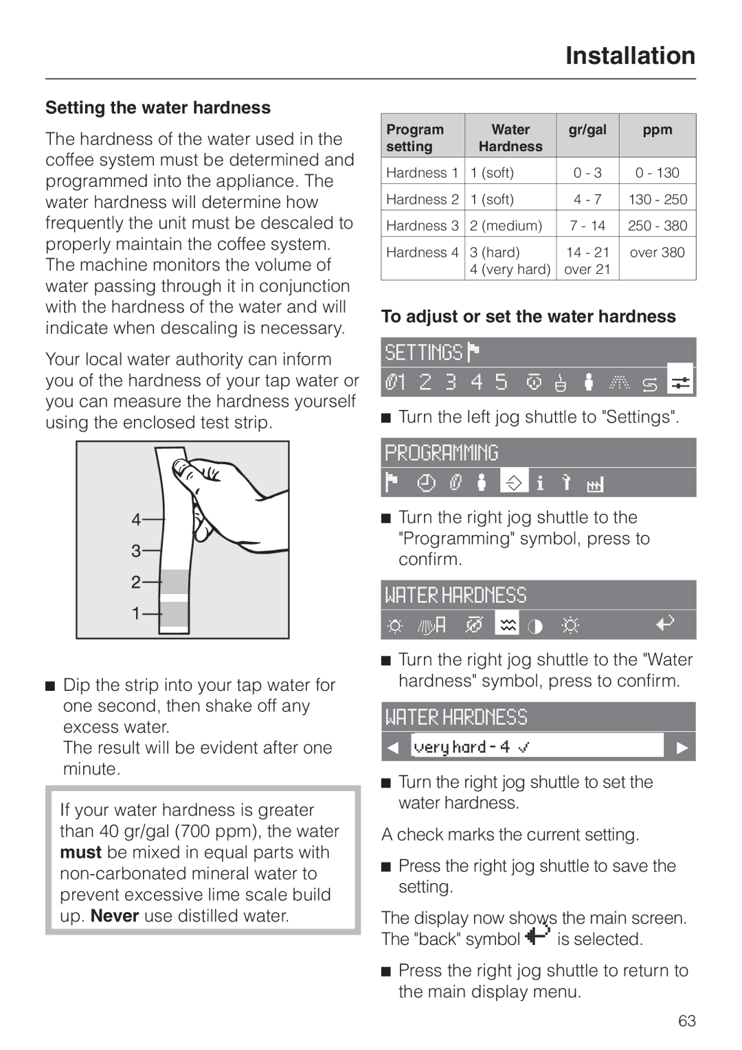 Miele CVA 2660 manual Setting the water hardness, To adjust or set the water hardness 