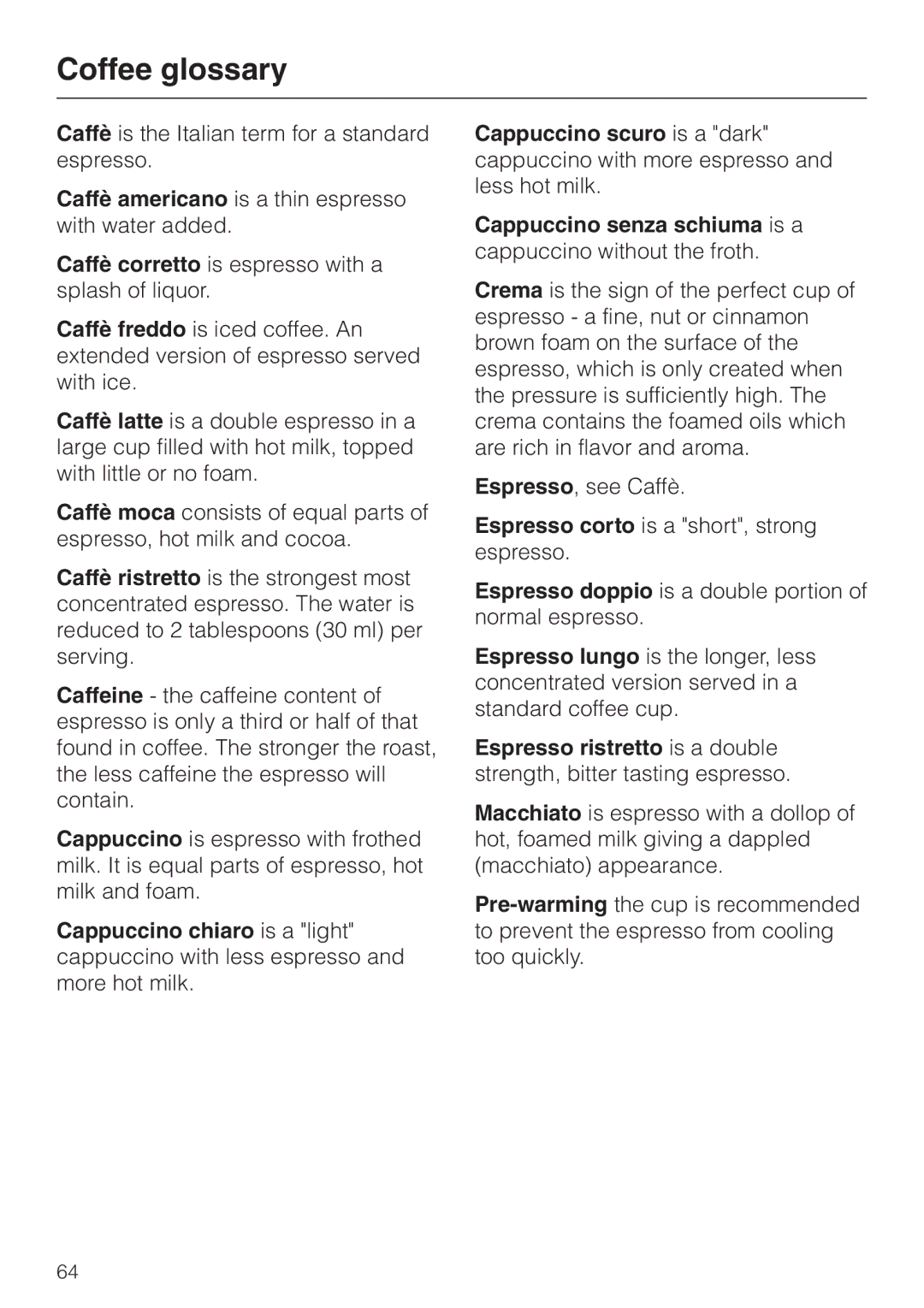 Miele CVA 2660 manual Coffee glossary 