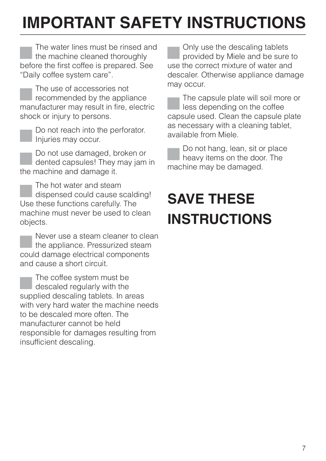 Miele CVA 2660 manual Save These Instructions 