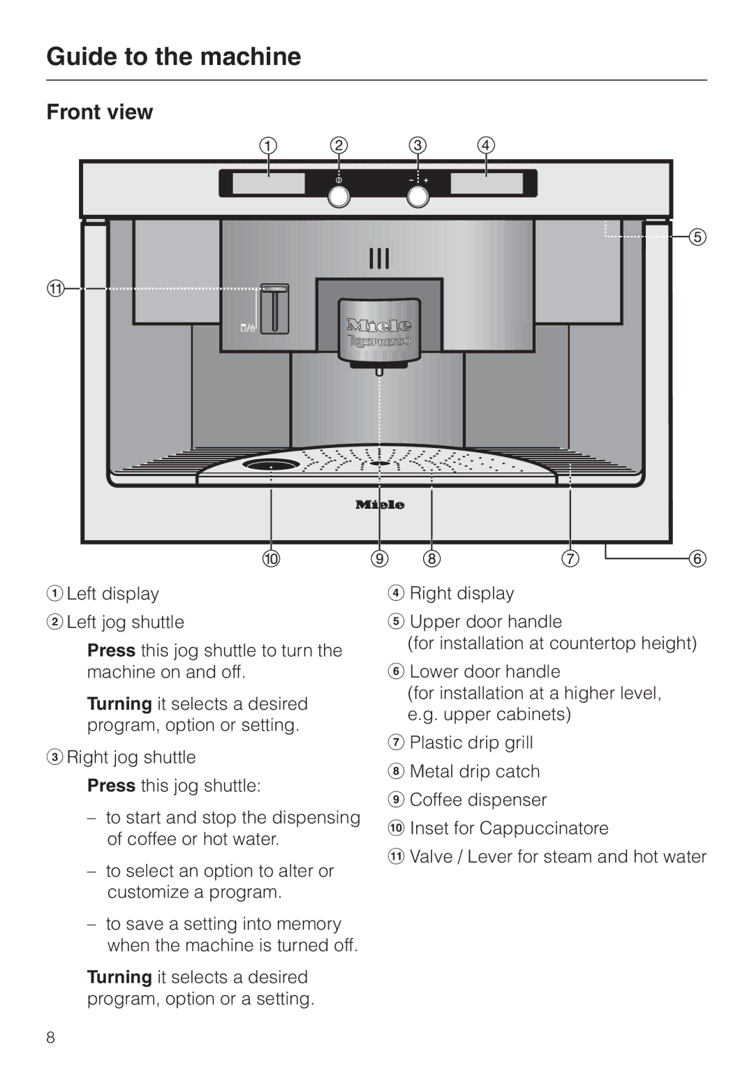 Miele CVA 2660 manual Guide to the machine, Front view 