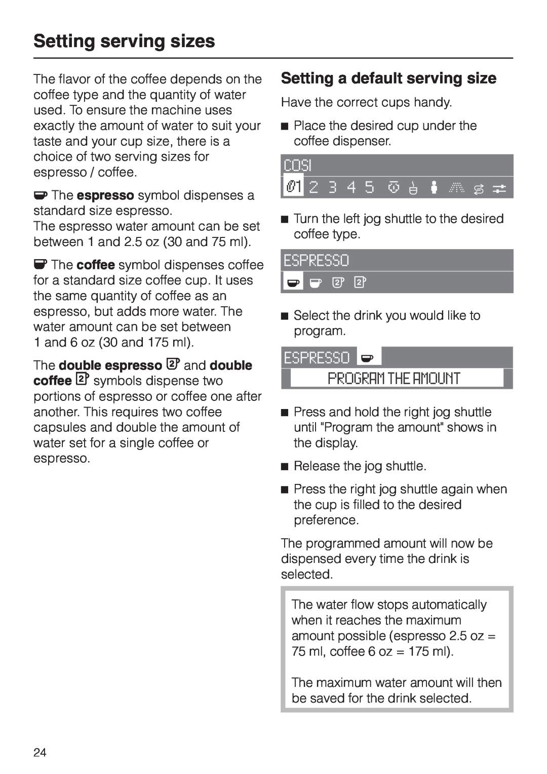 Miele CVA 2660 installation instructions Setting serving sizes, Setting a default serving size 