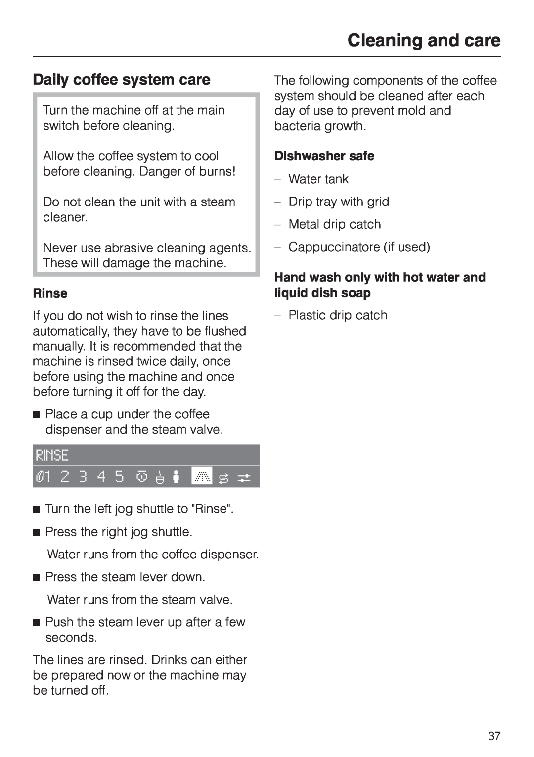 Miele CVA 2660 installation instructions Cleaning and care, Daily coffee system care, Rinse, Dishwasher safe 