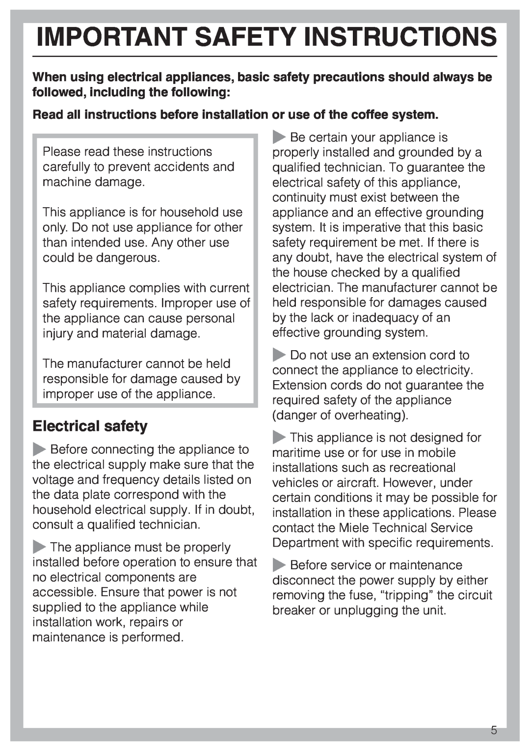 Miele CVA 2660 installation instructions Important Safety Instructions, Electrical safety 