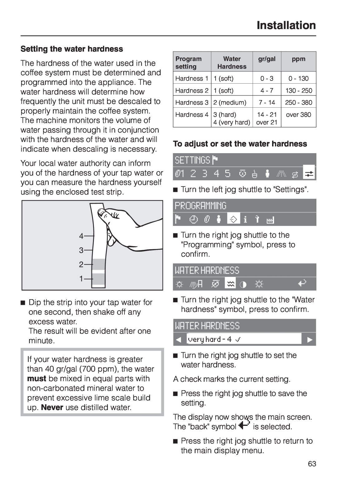 Miele CVA 2660 installation instructions Setting the water hardness, To adjust or set the water hardness, Installation 