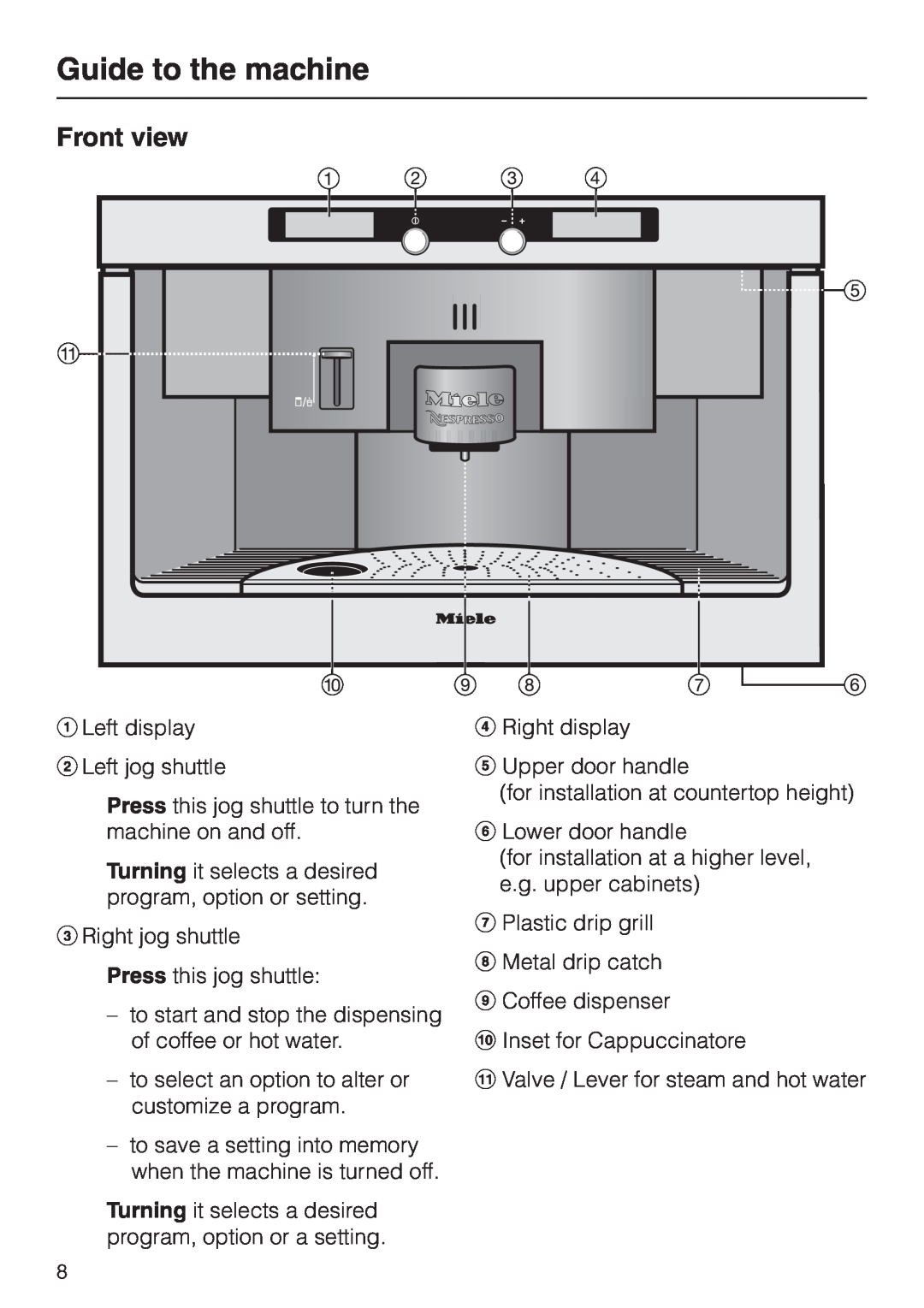 Miele CVA 2660 installation instructions Guide to the machine, Front view 