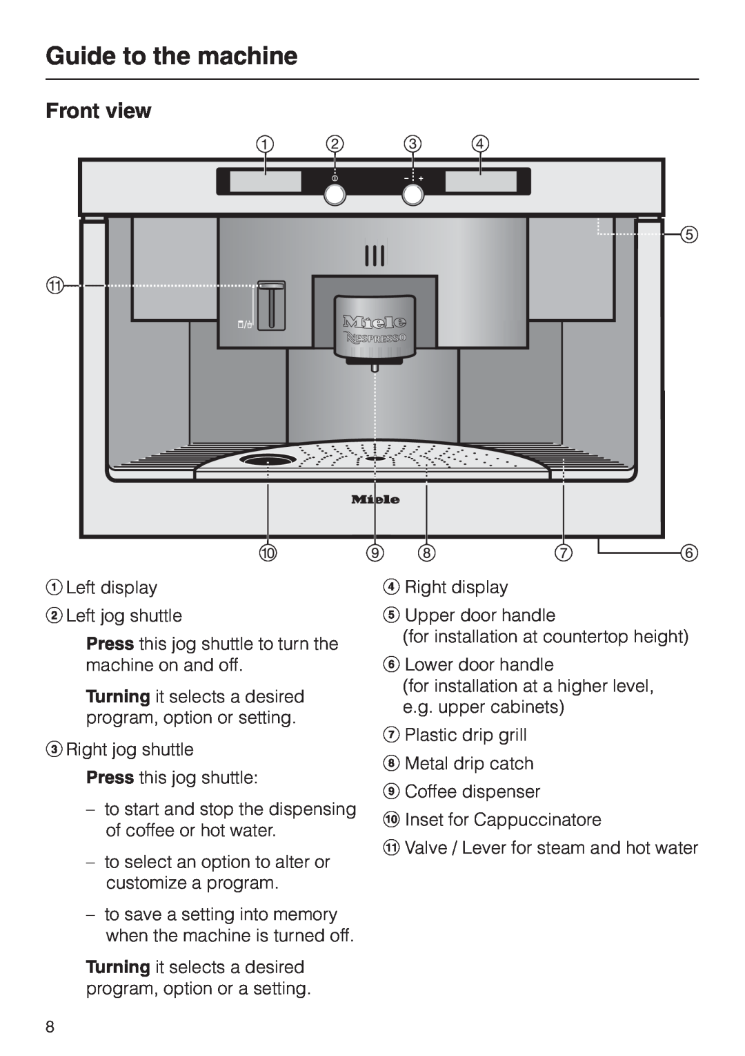 Miele CVA 2660 manual Guide to the machine, Front view 
