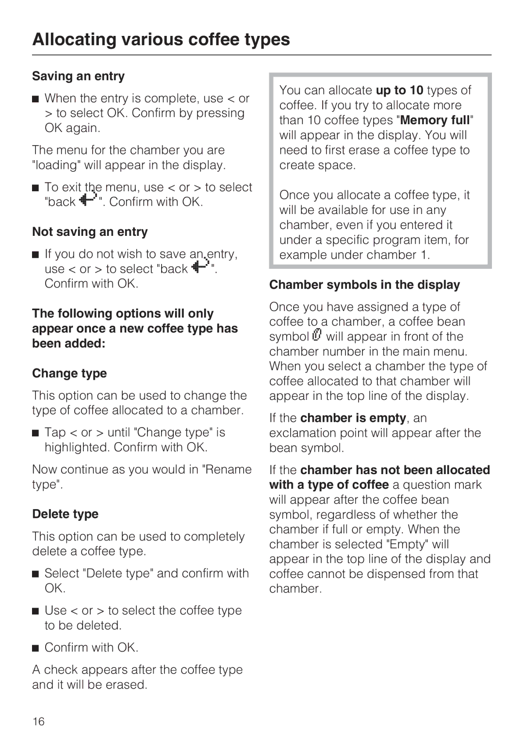 Miele CVA 2662 installation instructions Saving an entry, Not saving an entry, Delete type, Chamber symbols in the display 