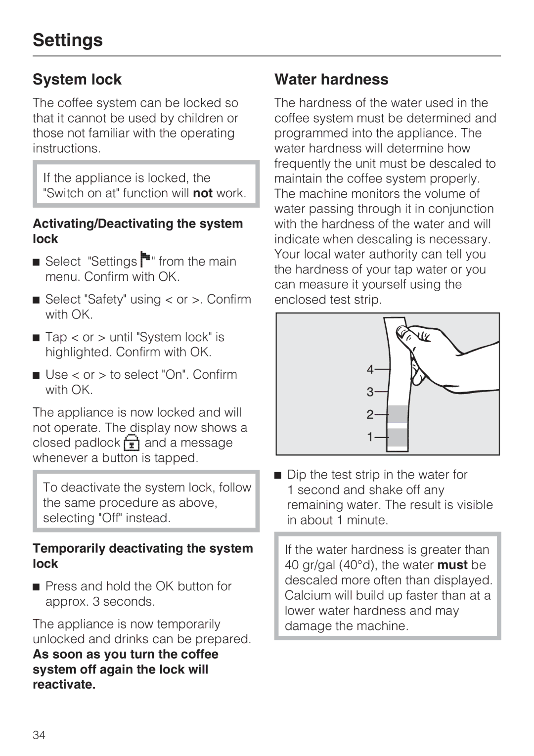 Miele CVA 2662 installation instructions System lock, Water hardness, Activating/Deactivating the system lock 