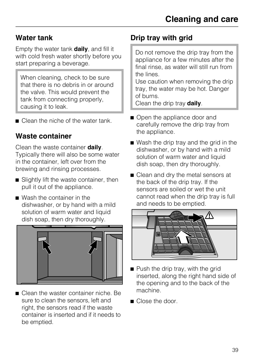 Miele CVA 2662 installation instructions Water tank Drip tray with grid, Waste container 