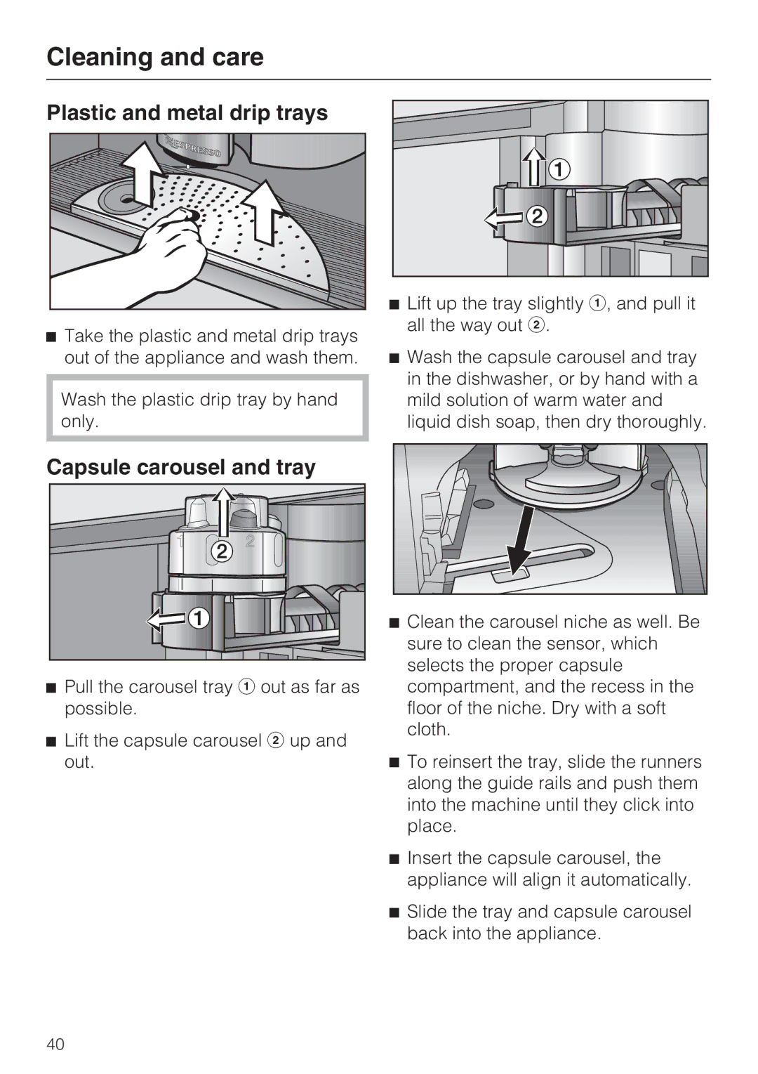 Miele CVA 2662 installation instructions Plastic and metal drip trays, Capsule carousel and tray 