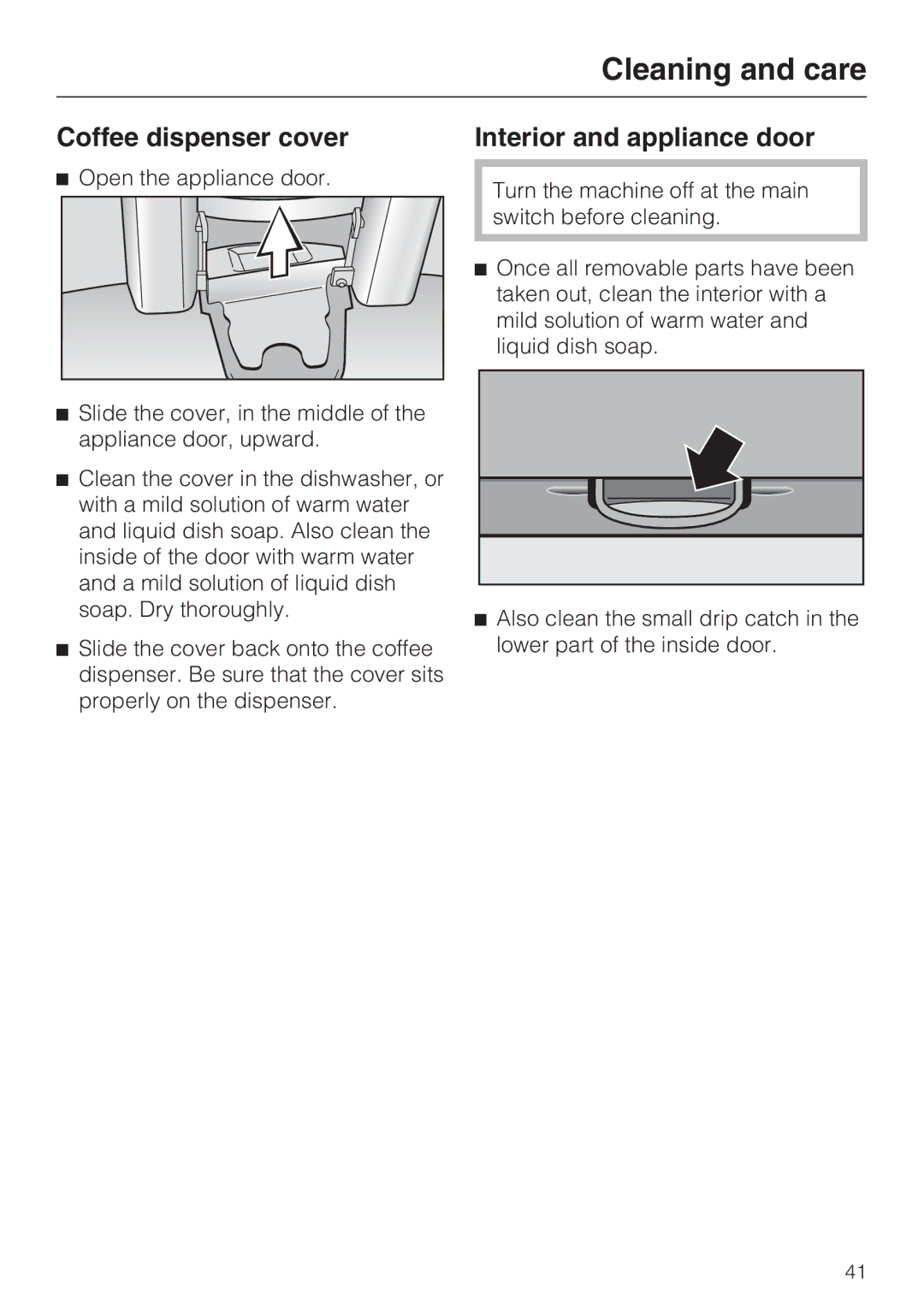 Miele CVA 2662 installation instructions Coffee dispenser cover, Interior and appliance door 