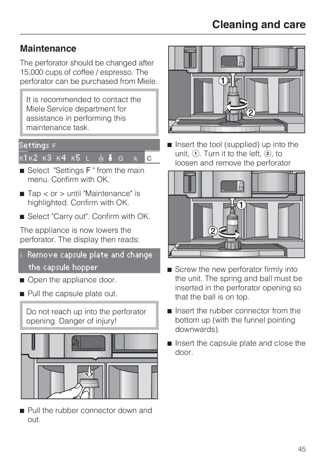 Miele CVA 2662 installation instructions Maintenance, Select Settings F from the main Menu. Confirm with OK 