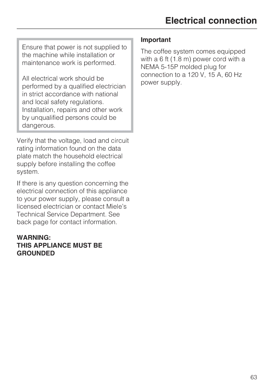 Miele CVA 2662 installation instructions Electrical connection, This Appliance Must be Grounded 