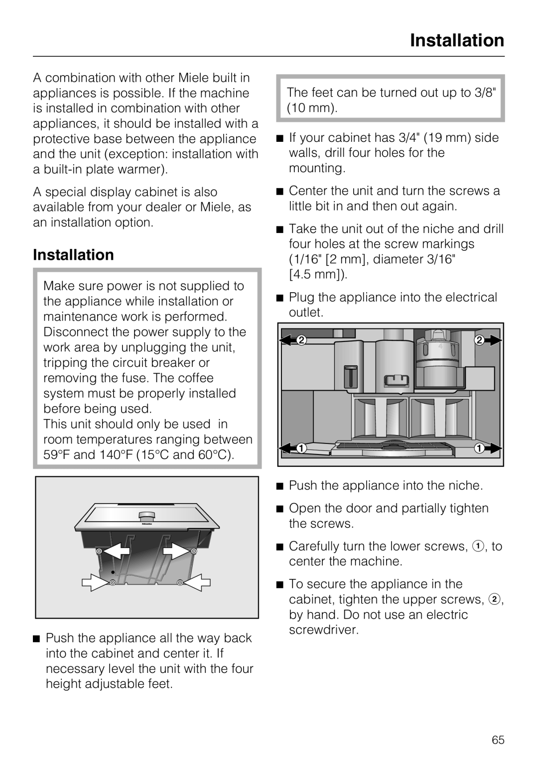 Miele CVA 2662 installation instructions Installation 