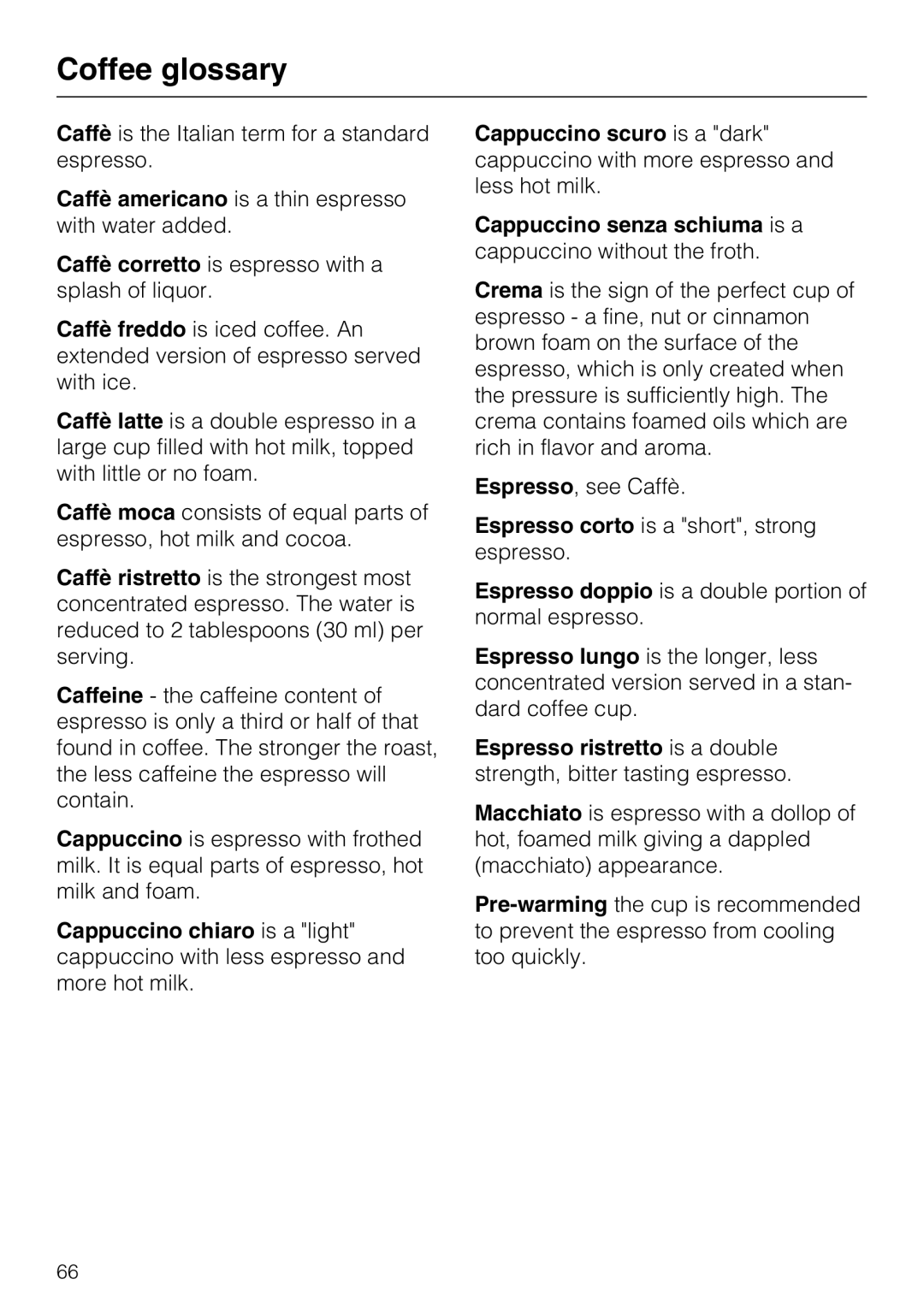 Miele CVA 2662 installation instructions Coffee glossary 