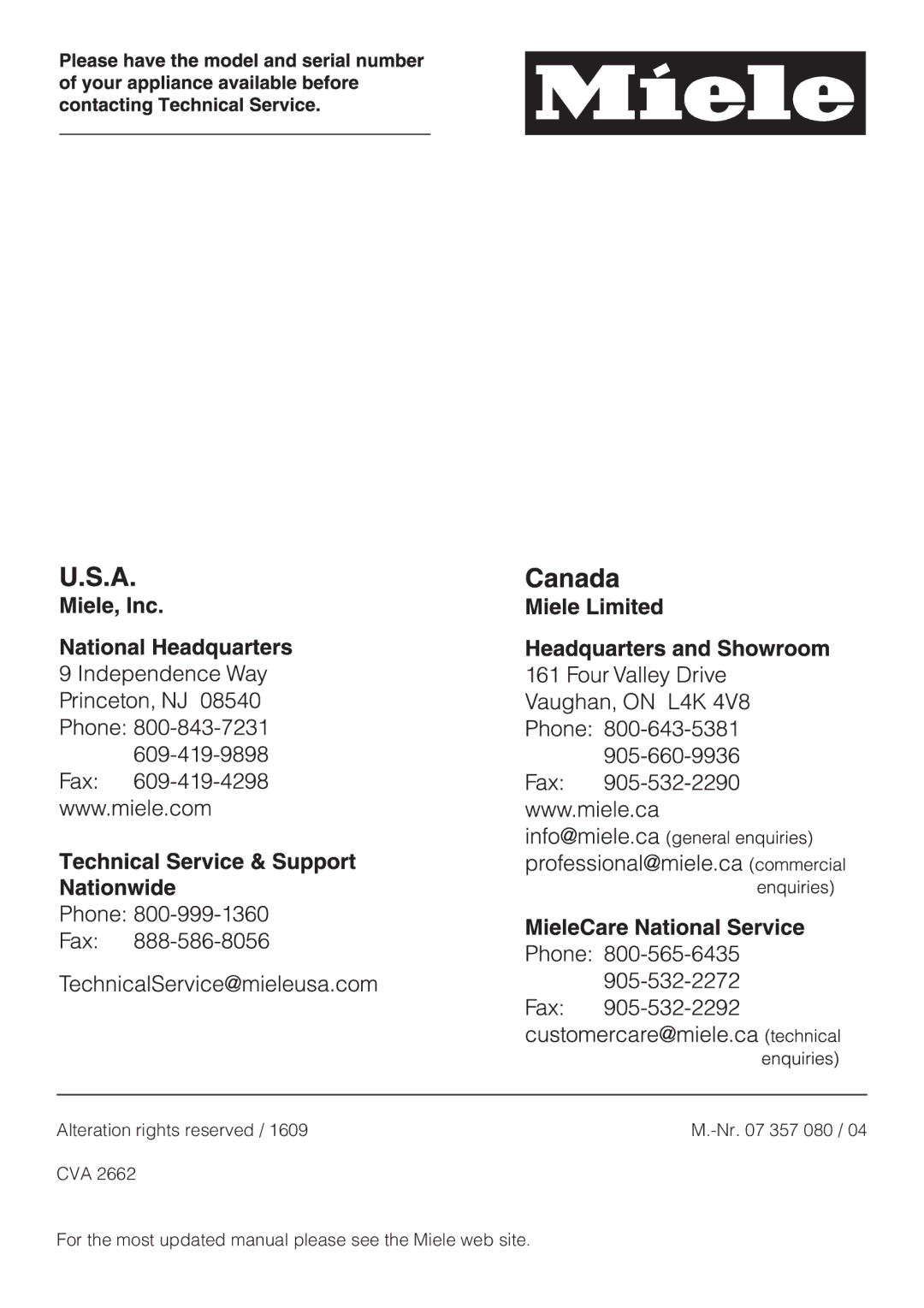 Miele CVA 2662 installation instructions 