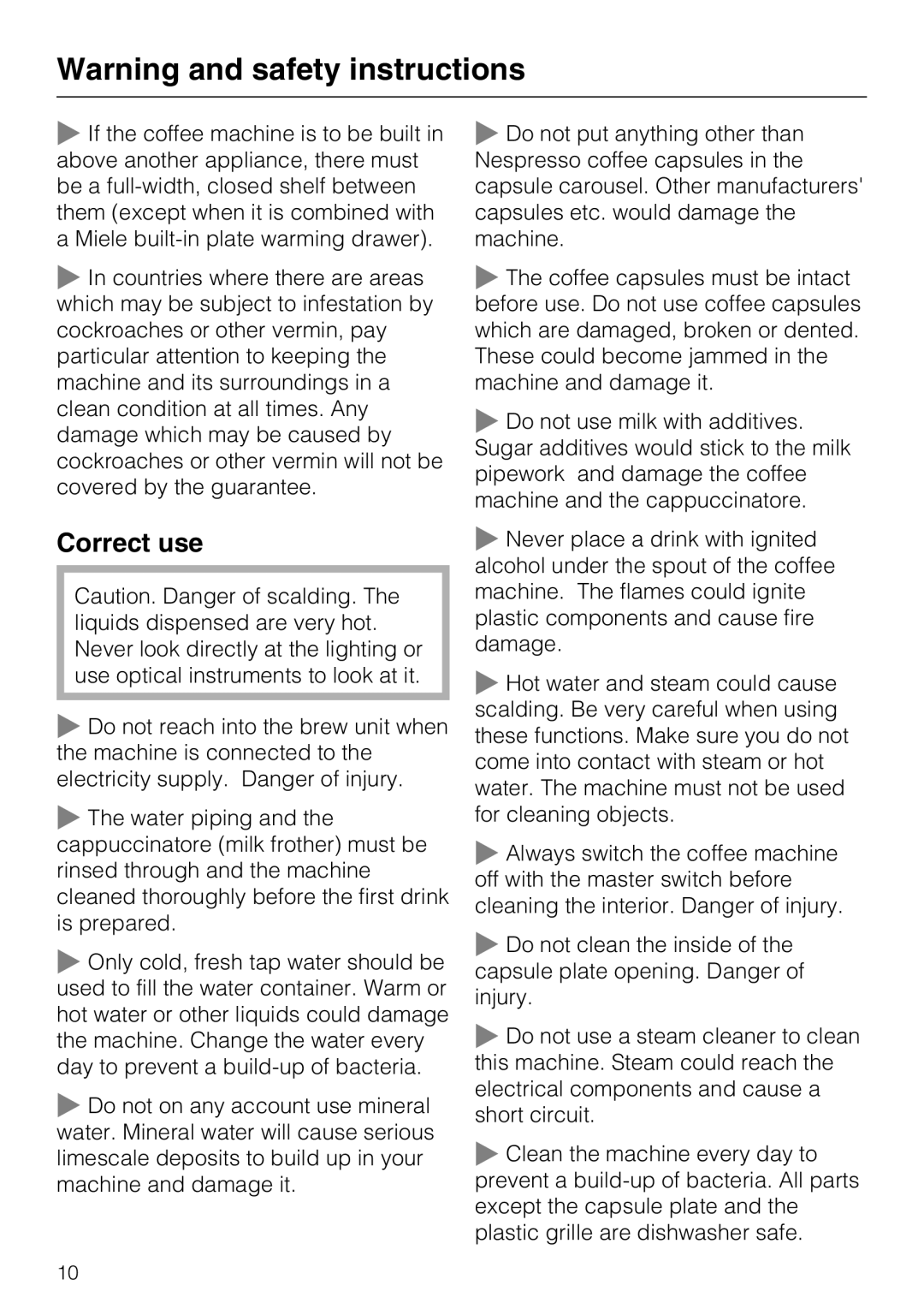 Miele CVA 3650 installation instructions Correct use, Warning and safety instructions 