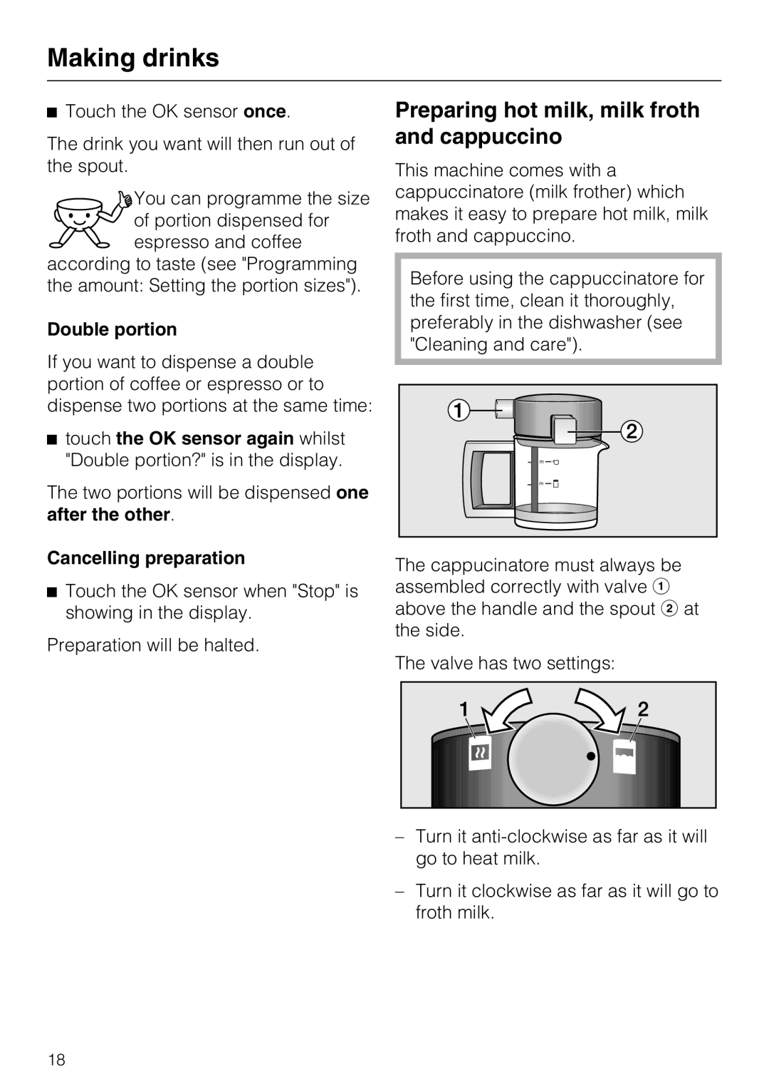 Miele CVA 3650 Preparing hot milk, milk froth and cappuccino, Double portion, Cancelling preparation, Making drinks 