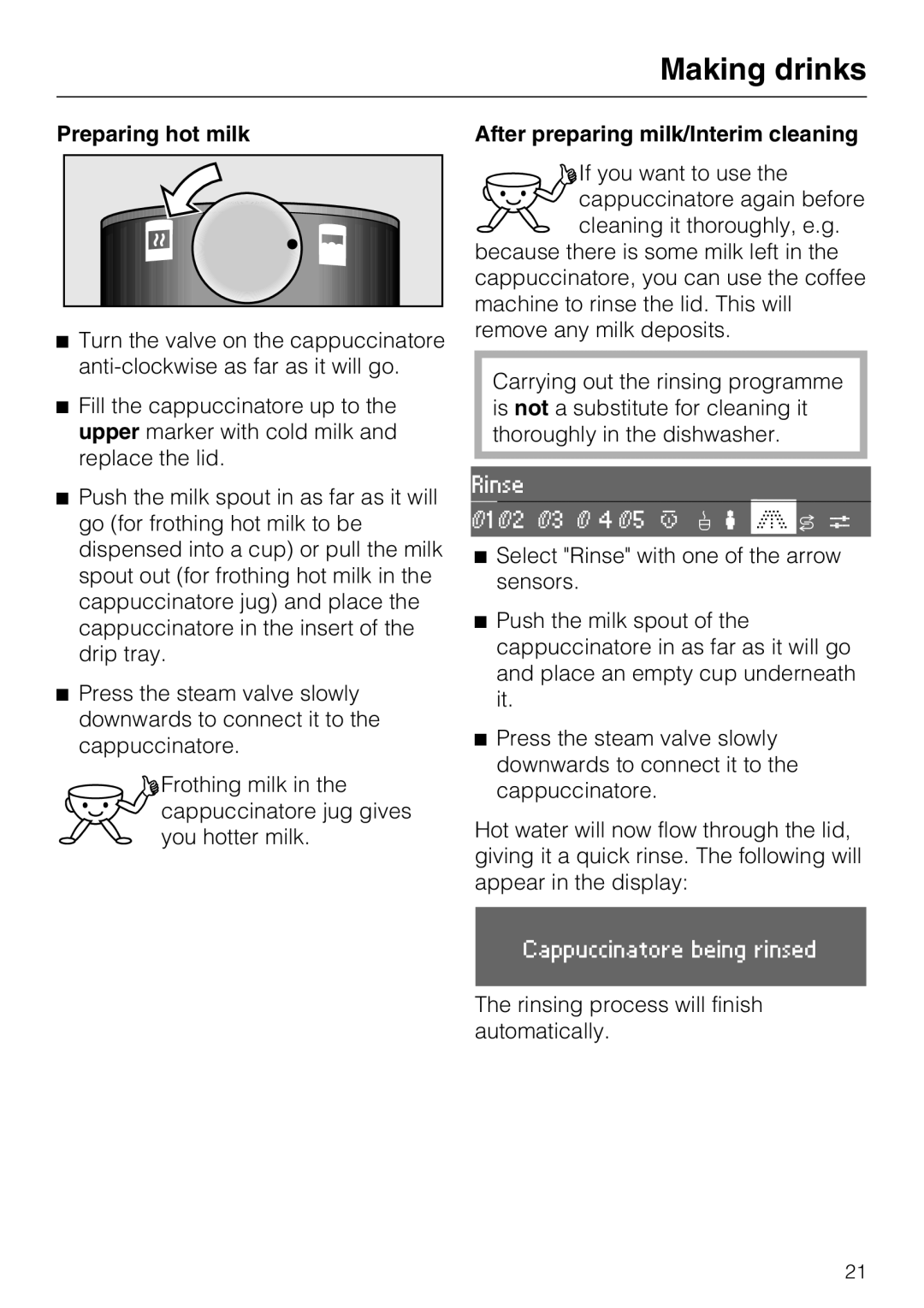 Miele CVA 3650 installation instructions Preparing hot milk, After preparing milk/Interim cleaning, Making drinks 