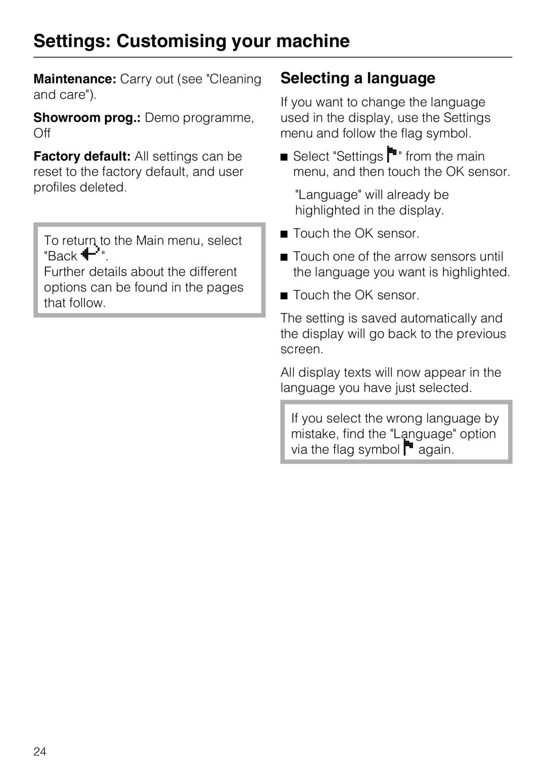 Miele CVA 3650 Selecting a language, Showroom prog. Demo programme, Off, Settings Customising your machine 