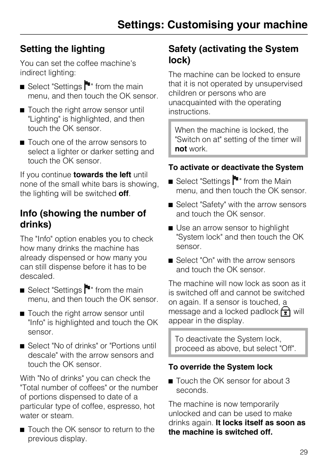 Miele CVA 3650 Setting the lighting, Info showing the number of drinks, Safety activating the System lock 