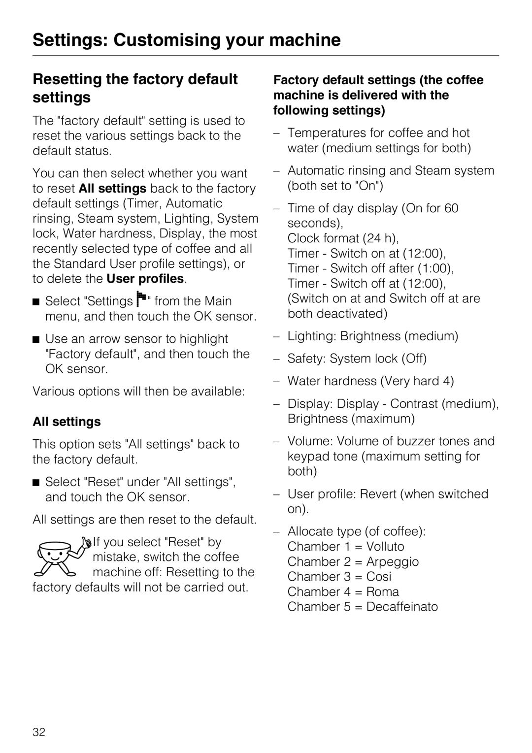 Miele CVA 3650 Resetting the factory default settings, All settings, Settings Customising your machine 