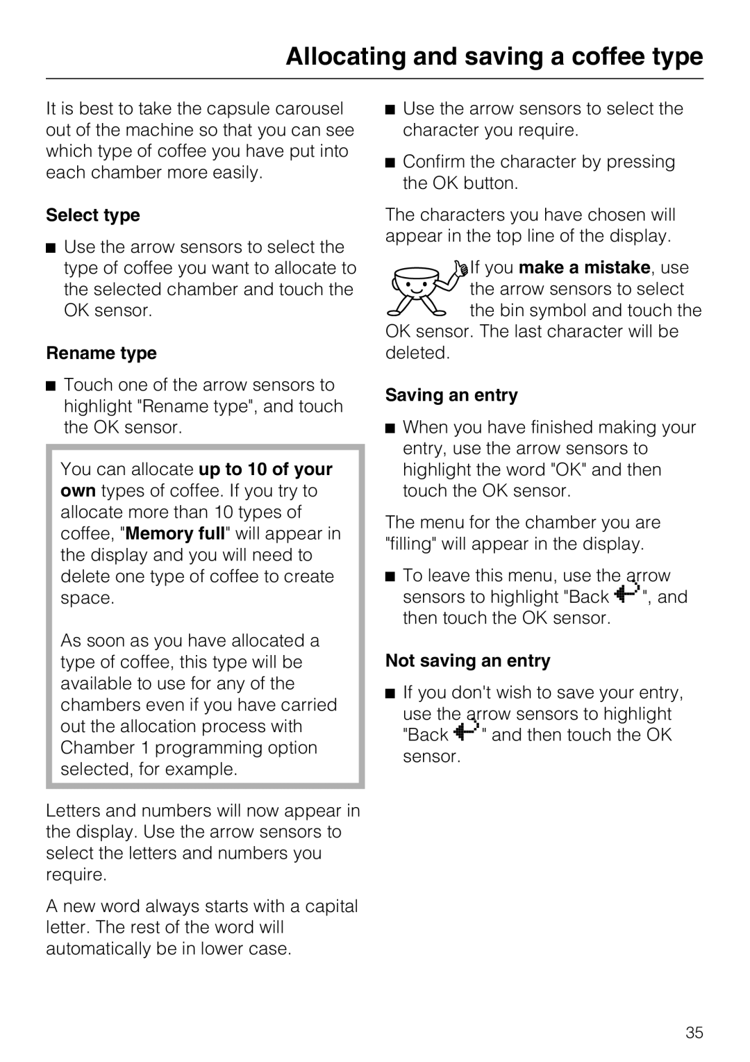 Miele CVA 3650 Select type, Rename type, Saving an entry, Not saving an entry, Allocating and saving a coffee type 