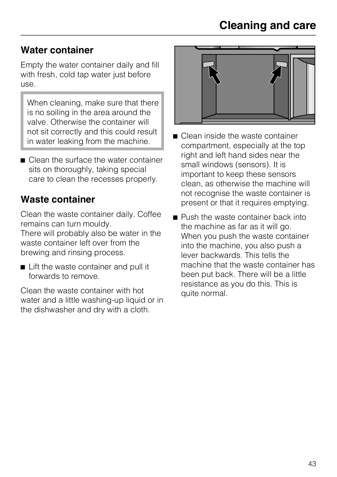 Miele CVA 3650 installation instructions Water container, Waste container, Cleaning and care 