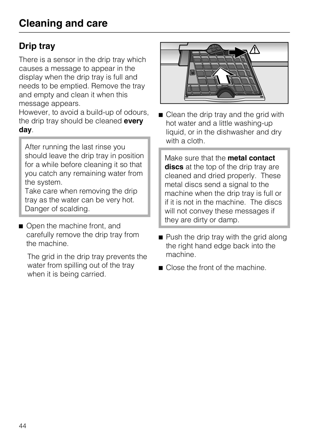 Miele CVA 3650 installation instructions Drip tray, Cleaning and care 