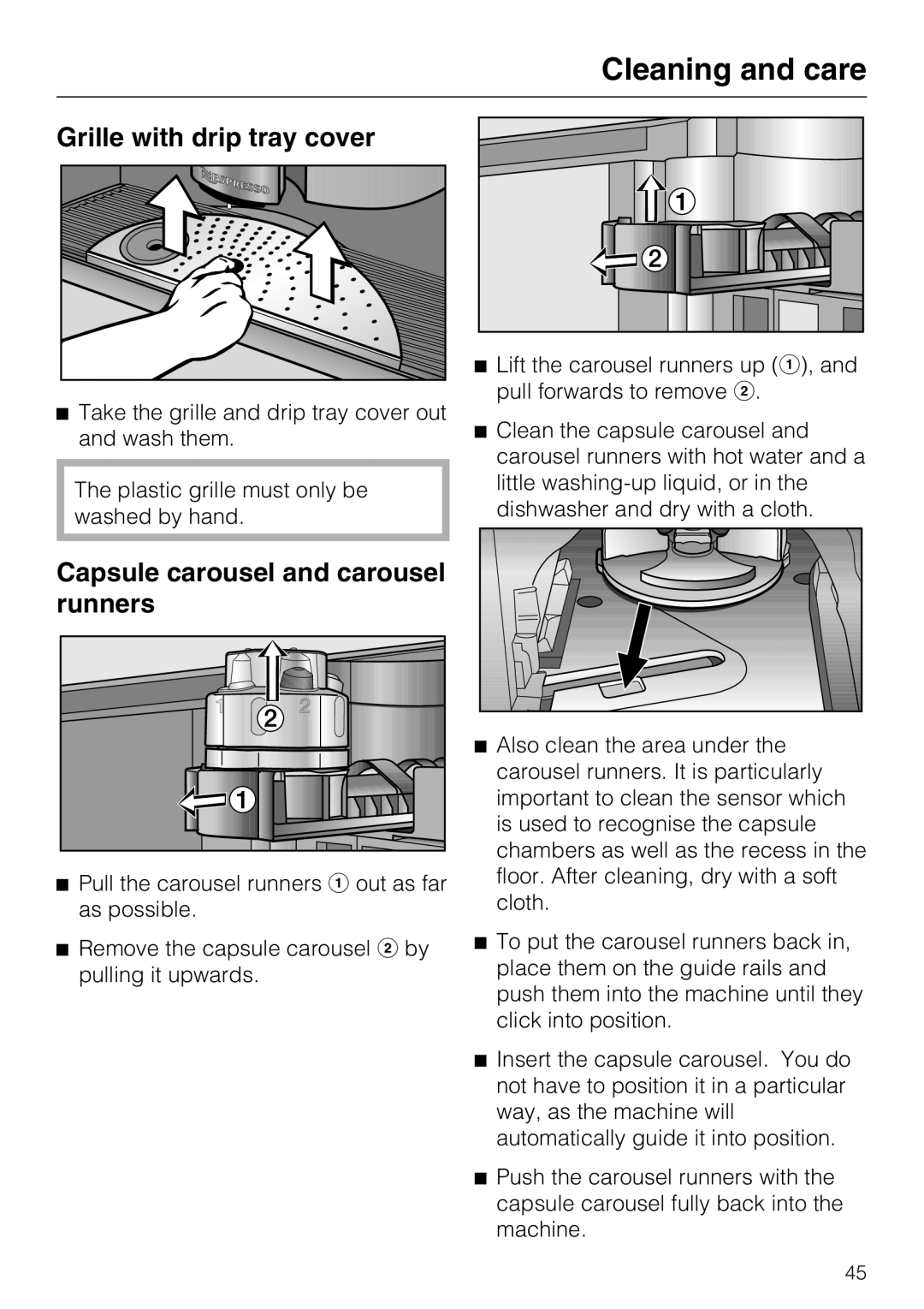 Miele CVA 3650 Grille with drip tray cover, Capsule carousel and carousel runners, Cleaning and care 