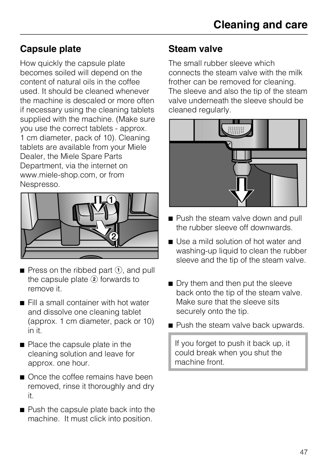 Miele CVA 3650 installation instructions Capsule plate, Steam valve, Cleaning and care 