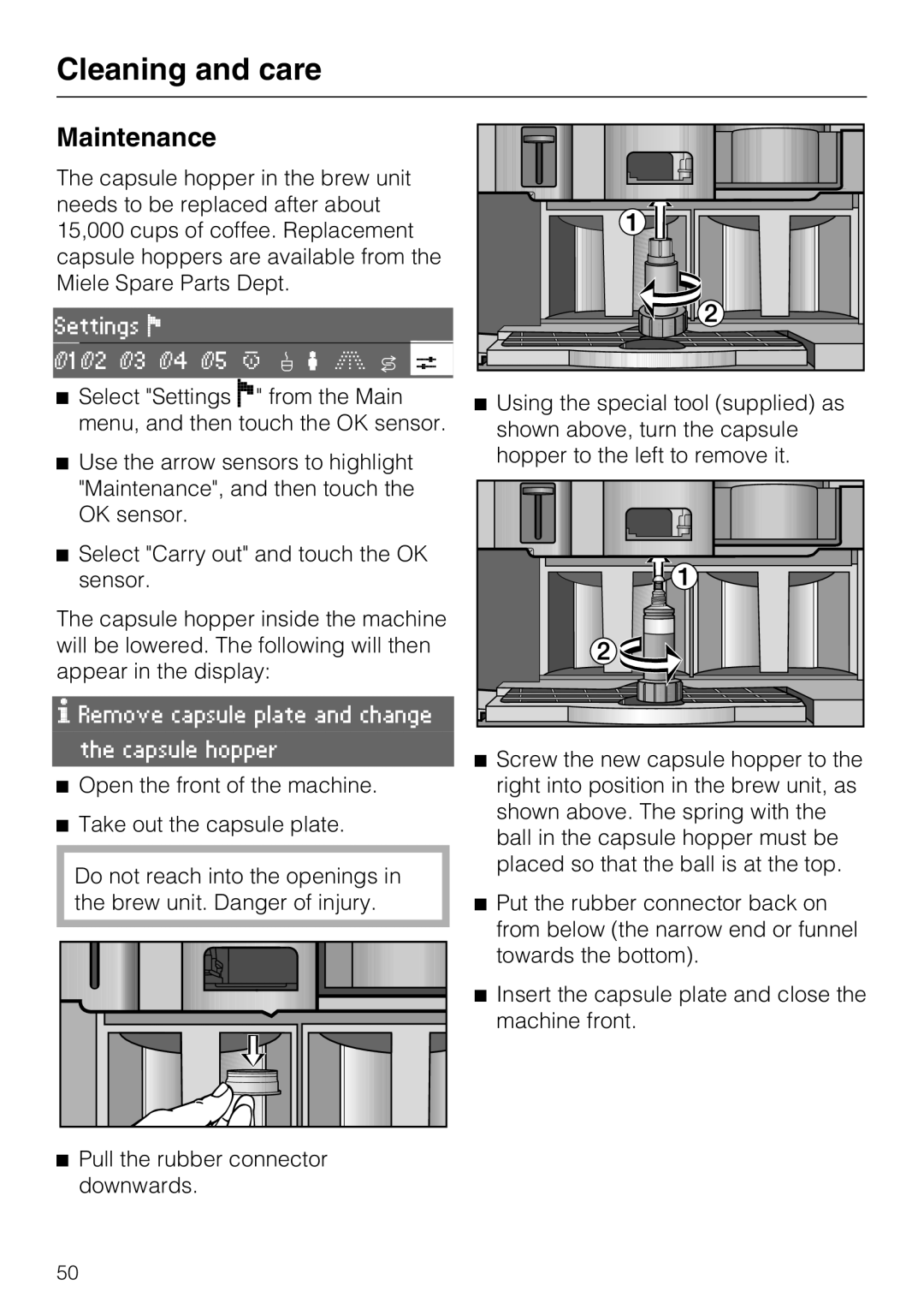 Miele CVA 3650 installation instructions Maintenance, Cleaning and care 