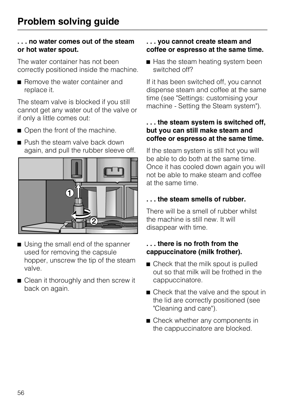 Miele CVA 3650 the steam smells of rubber, Problem solving guide, no water comes out of the steam or hot water spout 