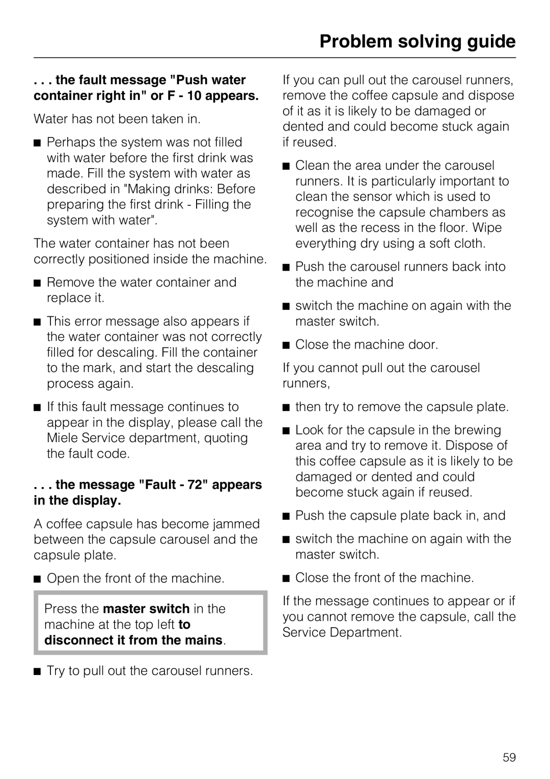 Miele CVA 3650 installation instructions the message Fault - 72 appears in the display, Problem solving guide 