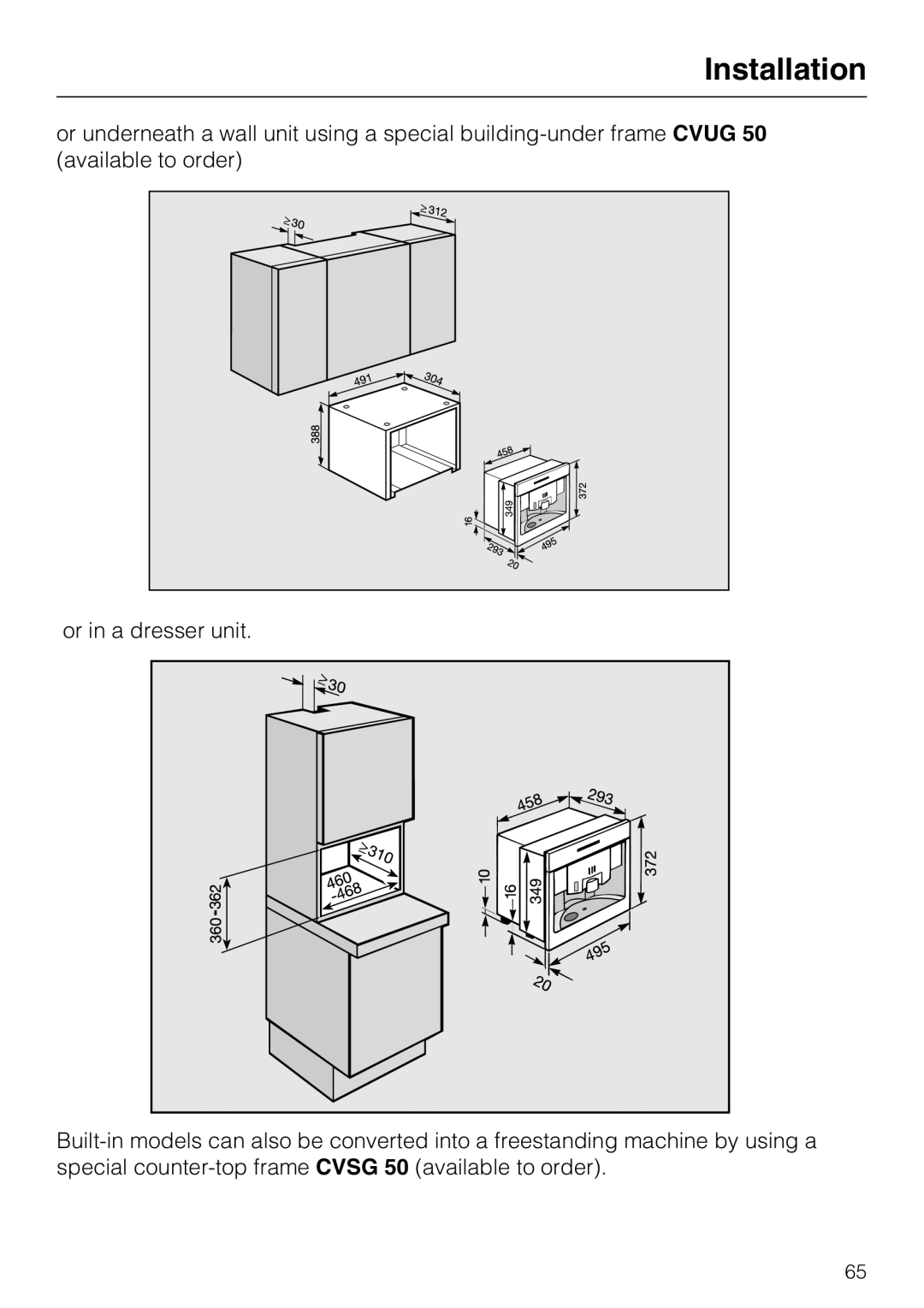 Miele CVA 3650 installation instructions Installation, or in a dresser unit 