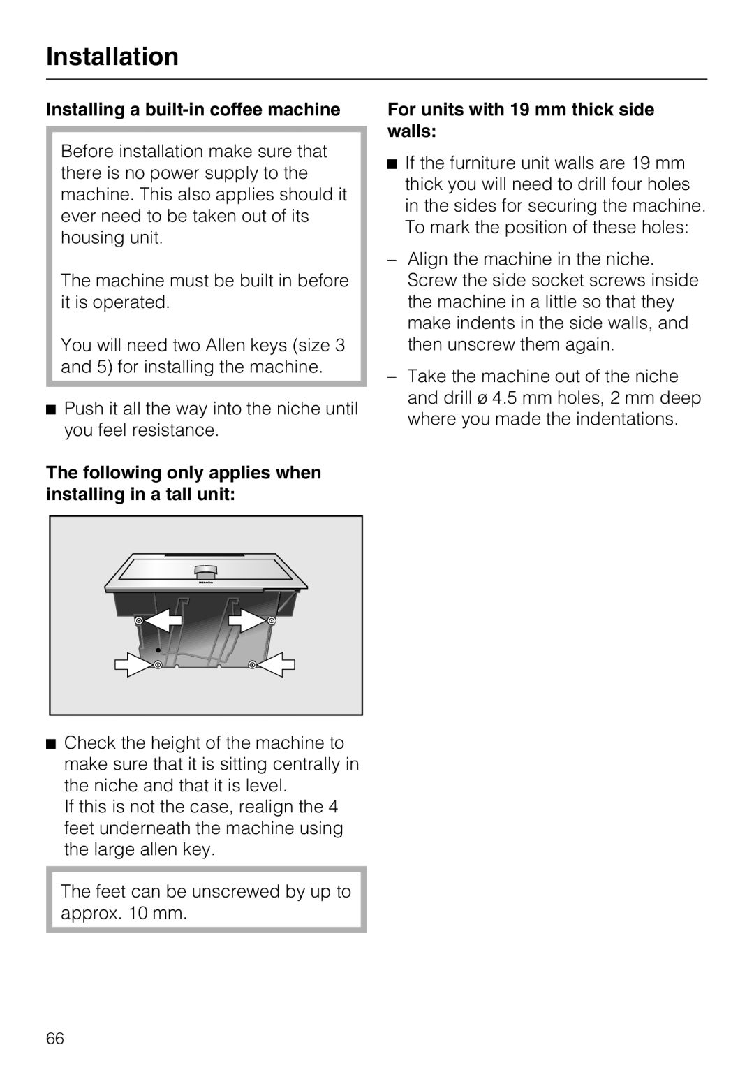 Miele CVA 3650 Installing a built-incoffee machine, For units with 19 mm thick side walls, Installation 