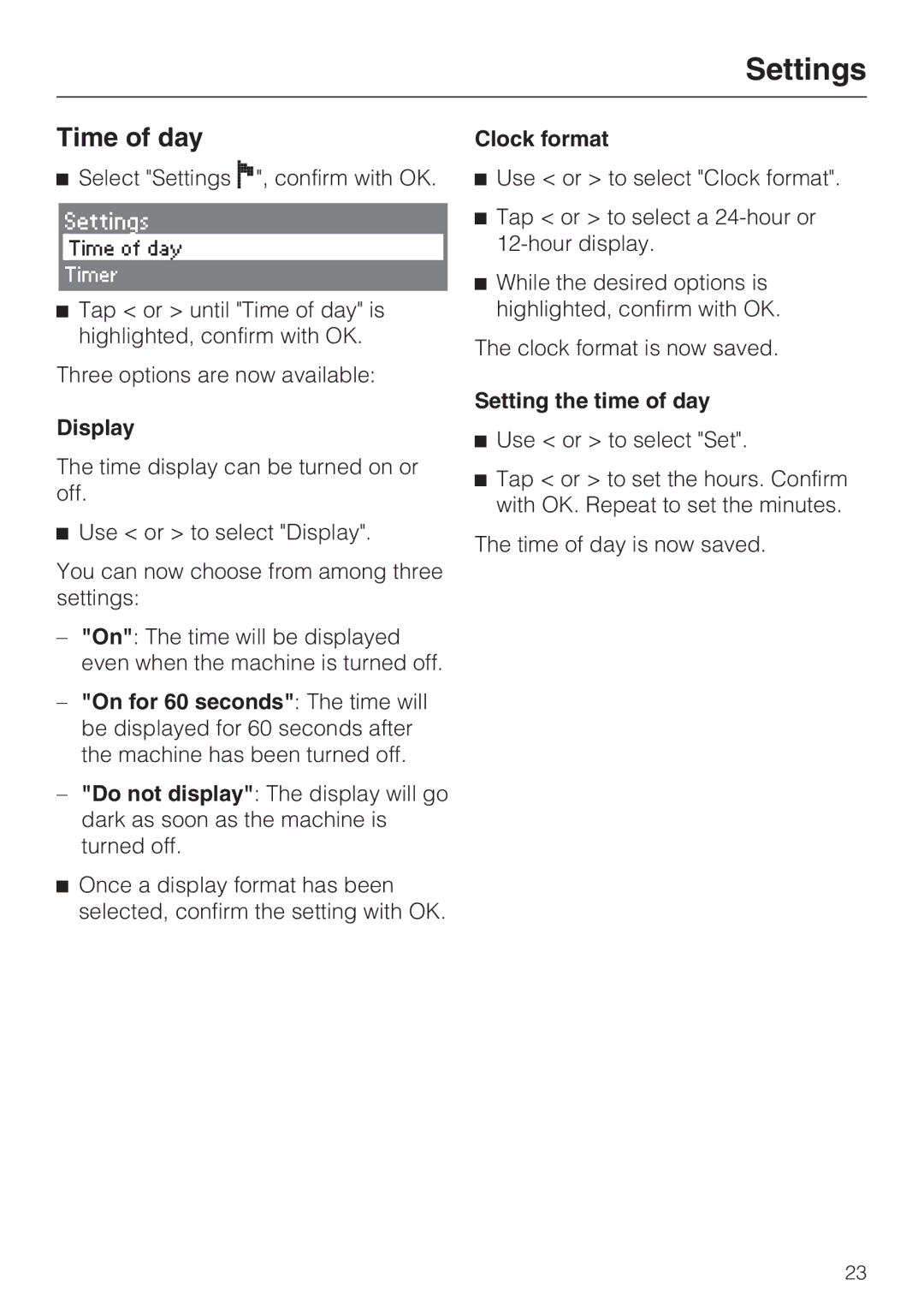 Miele CVA 4066 installation instructions Time of day, Display, Clock format, Setting the time of day 