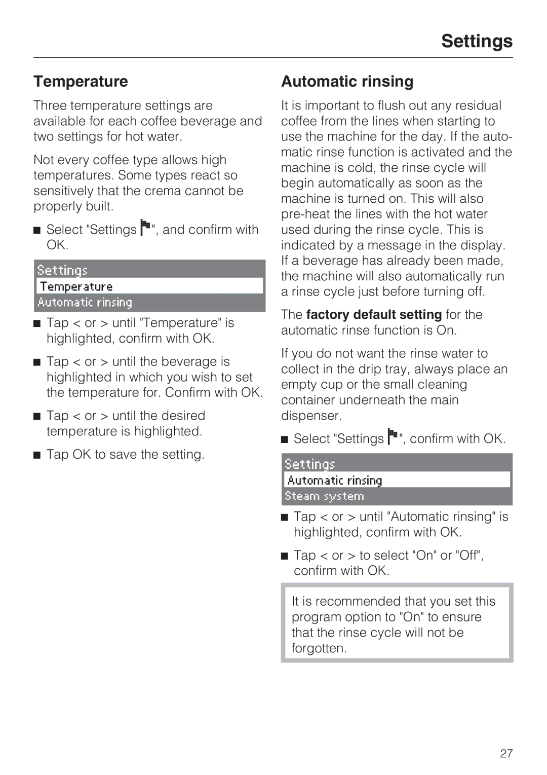 Miele CVA 4066 installation instructions Temperature, Automatic rinsing 