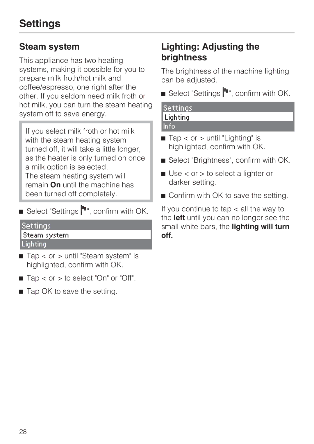 Miele CVA 4066 installation instructions Steam system, Lighting Adjusting the brightness, Off 