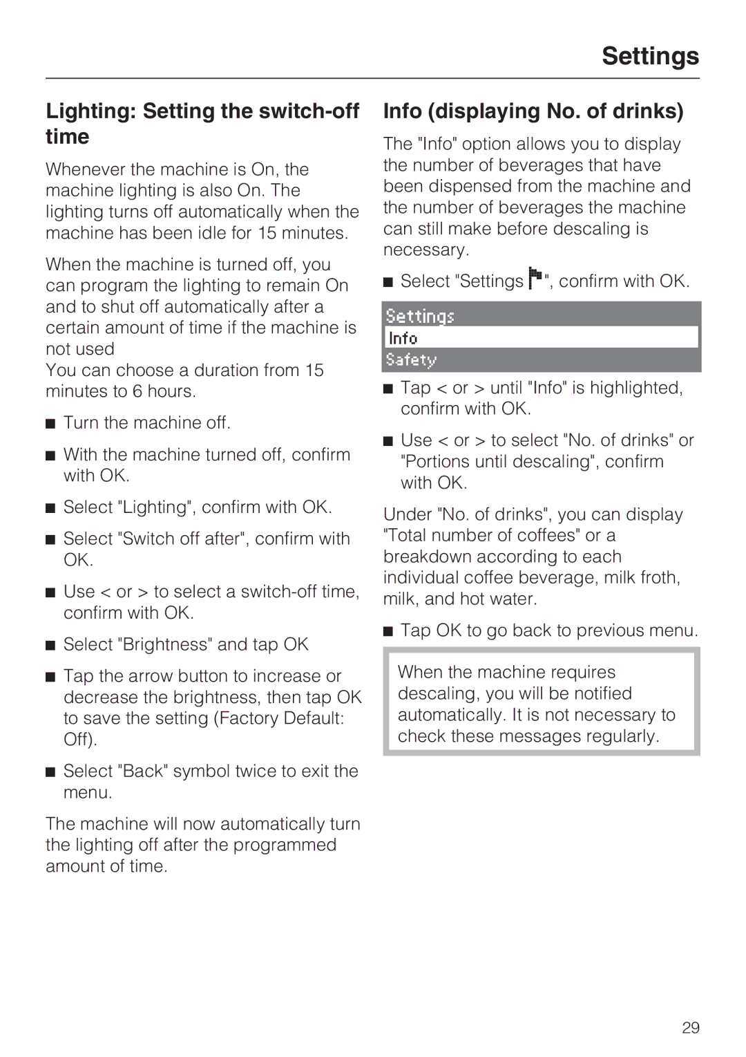 Miele CVA 4066 installation instructions Lighting Setting the switch-off time, Info displaying No. of drinks 