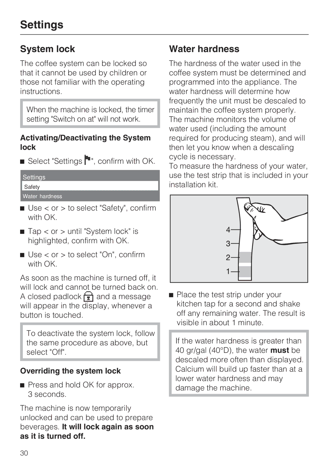 Miele CVA 4066 Water hardness, Activating/Deactivating the System lock, Overriding the system lock 