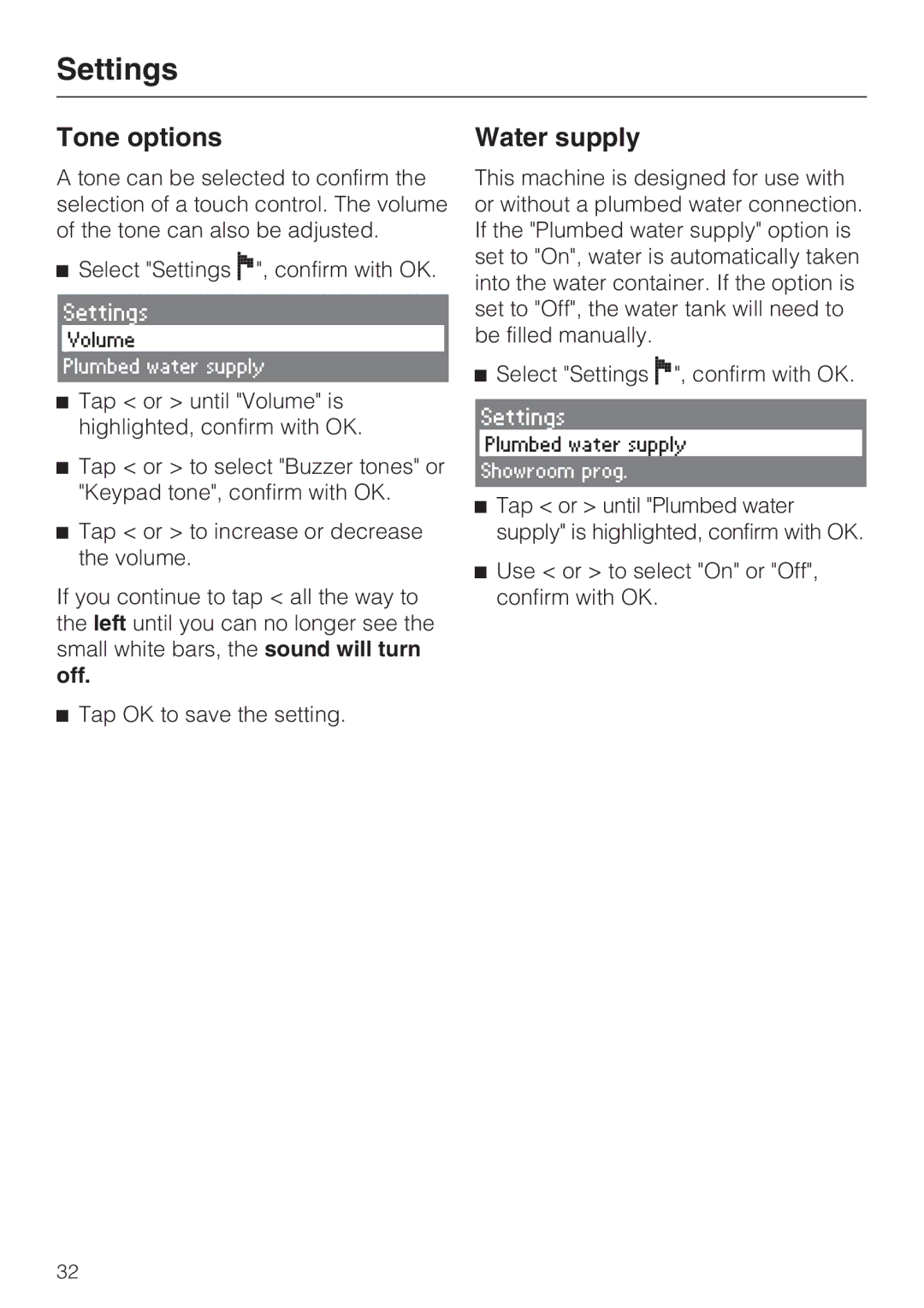 Miele CVA 4066 installation instructions Tone options, Water supply 