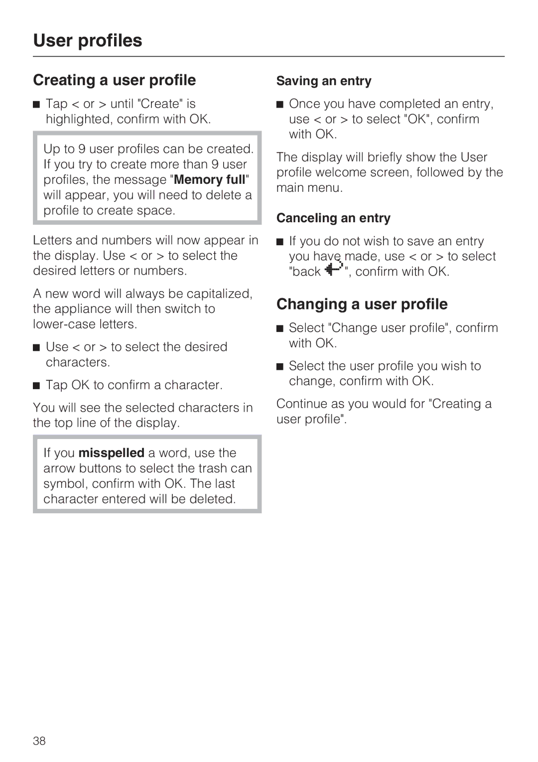 Miele CVA 4066 Creating a user profile, Changing a user profile, Saving an entry, Canceling an entry 