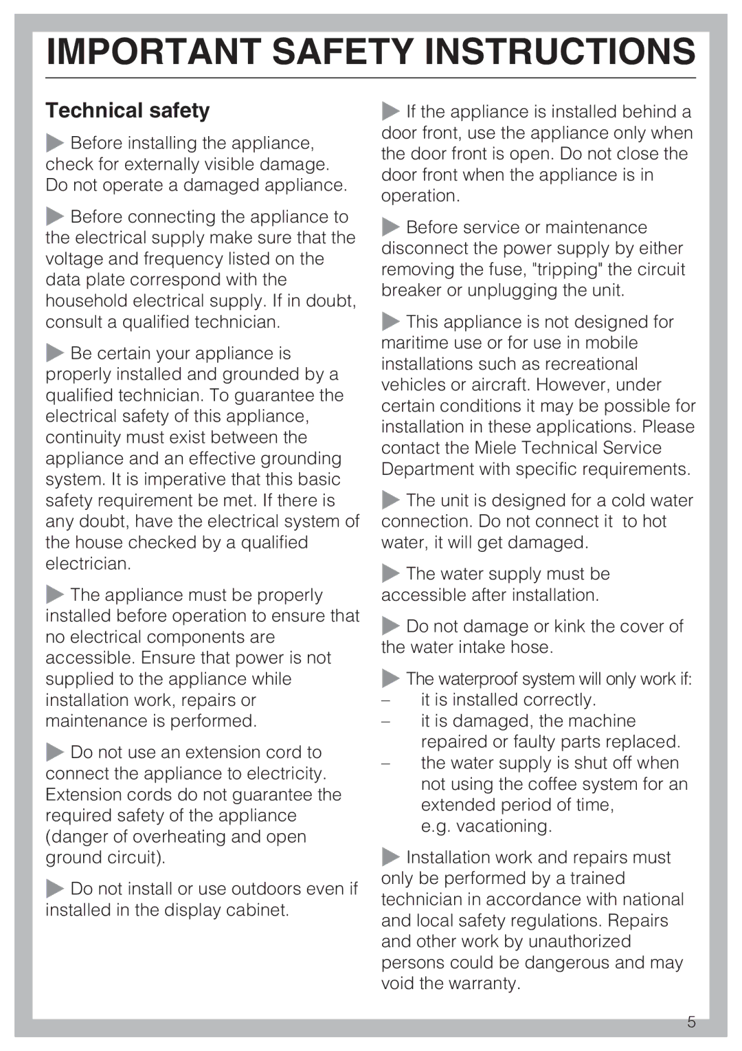 Miele CVA 4066 installation instructions Technical safety 