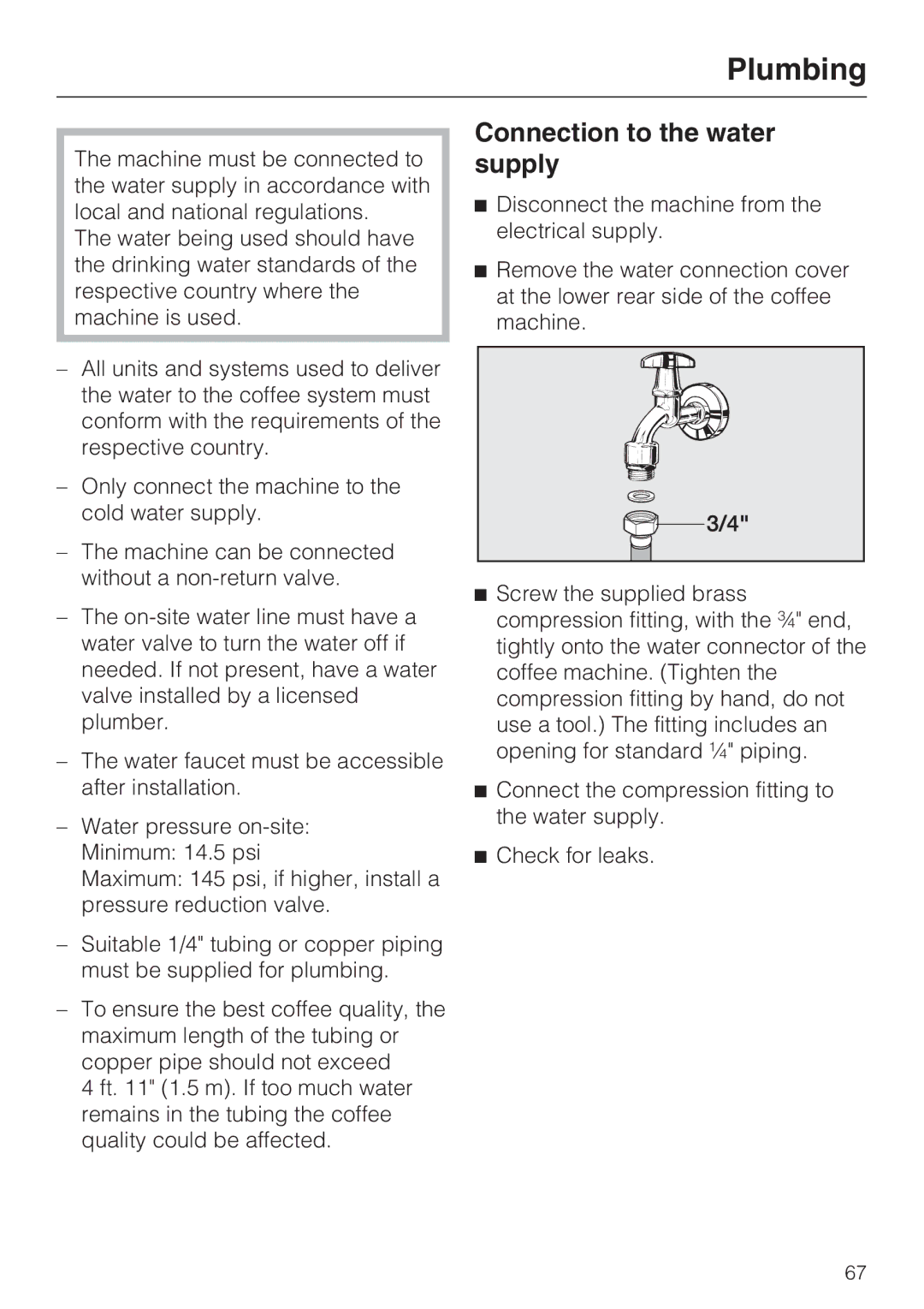 Miele CVA 4066 installation instructions Plumbing, Connection to the water supply 