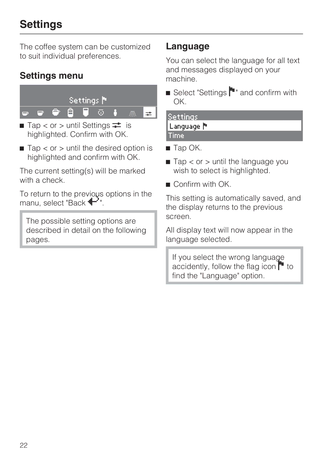 Miele CVA 4066 installation instructions Settings menu, Language 