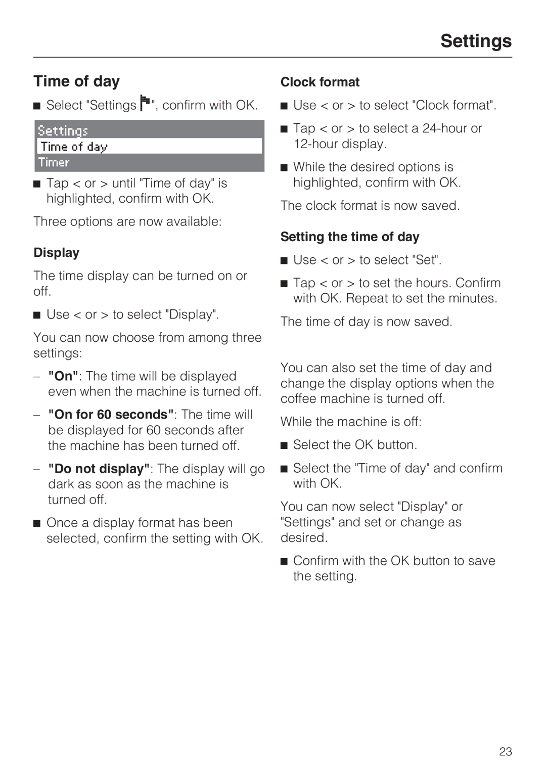 Miele CVA 4066 installation instructions Time of day, Display, Clock format, Setting the time of day 