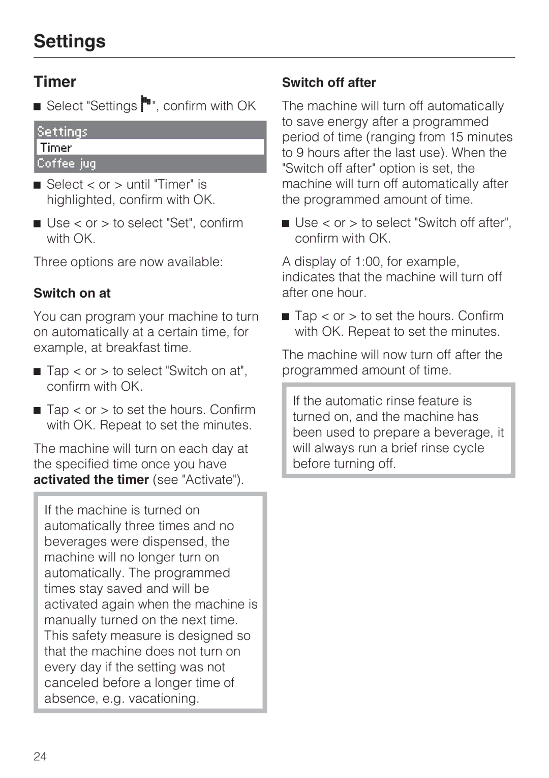 Miele CVA 4066 installation instructions Timer, Switch on at, Switch off after 