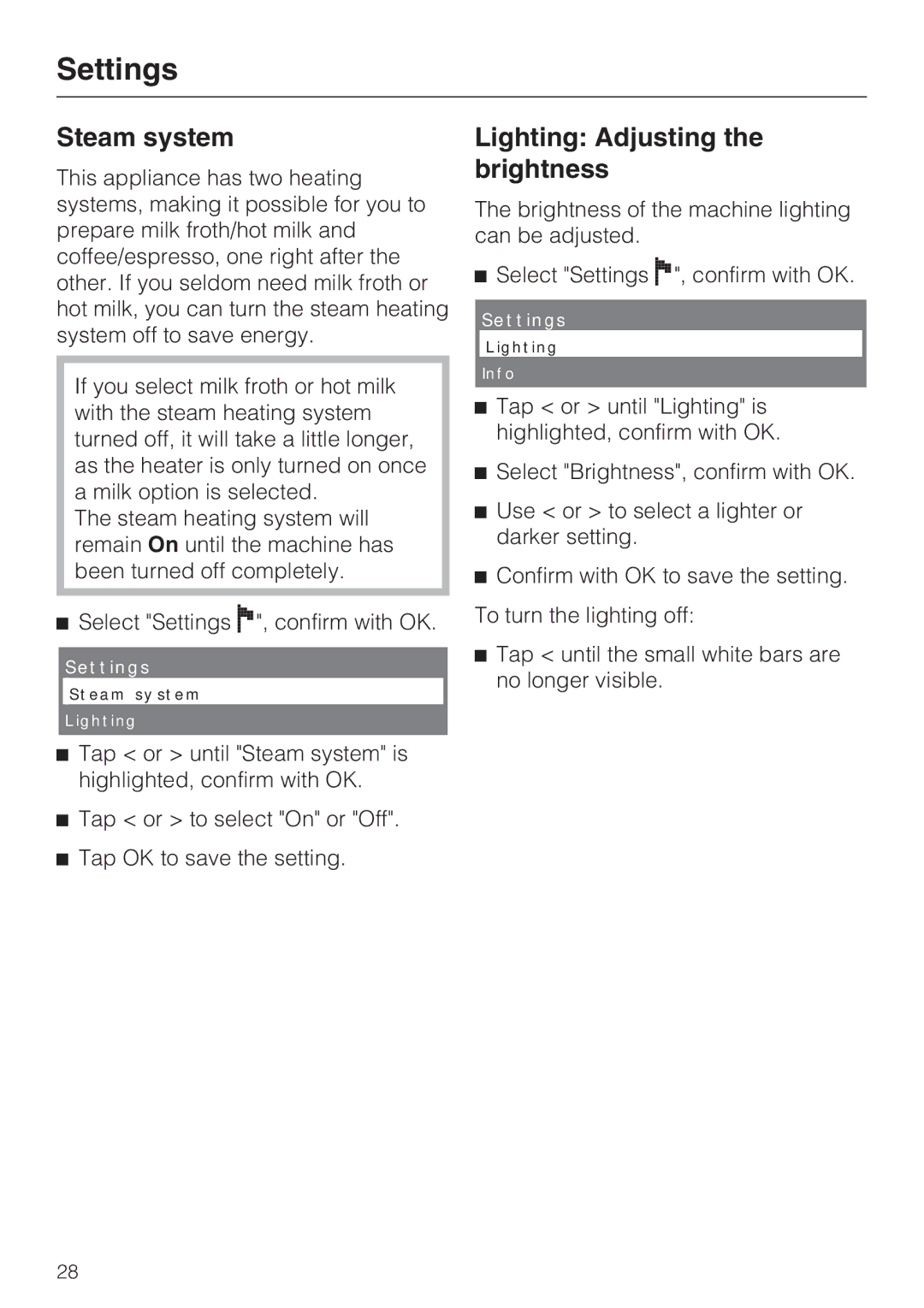 Miele CVA 4066 installation instructions Steam system, Lighting Adjusting the brightness 