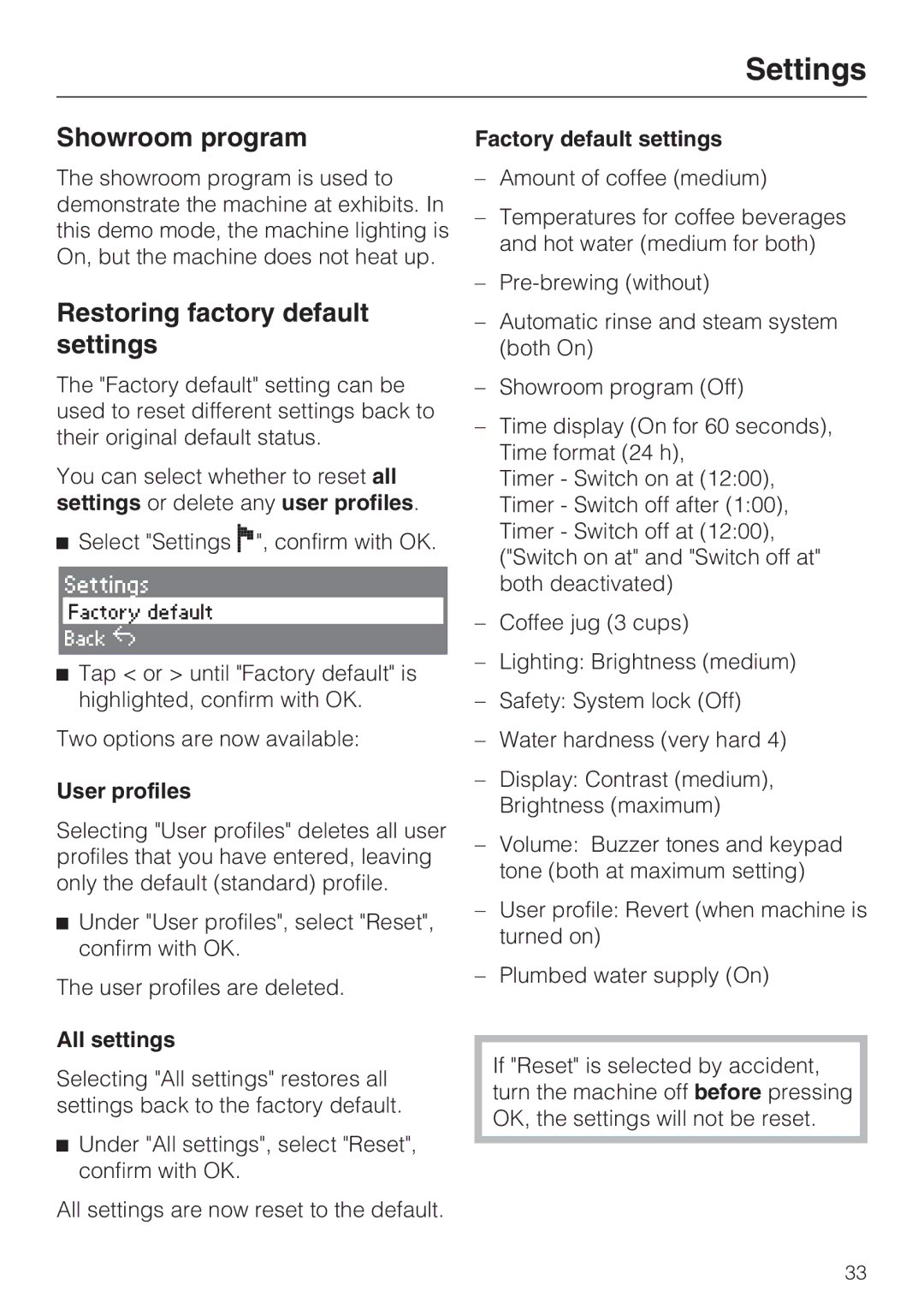 Miele CVA 4066 Showroom program, Restoring factory default settings, User profiles, All settings, Factory default settings 